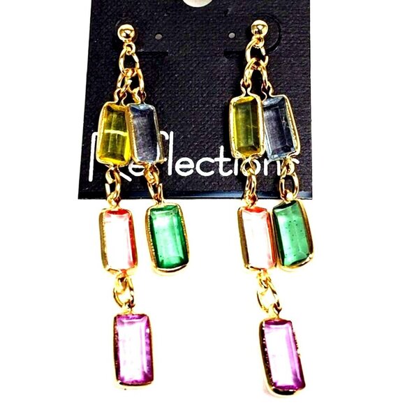 Gold tone Chain Drop Earrings Multicolor Crystal Dangles Stylish Women's Jewelry - Picture 1 of 8
